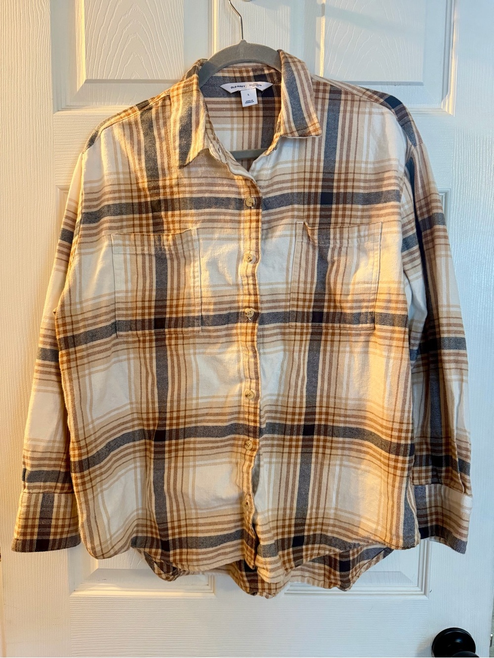 Old Navy Plaid Button-Down Shirt in Cream, Brown and Navy
